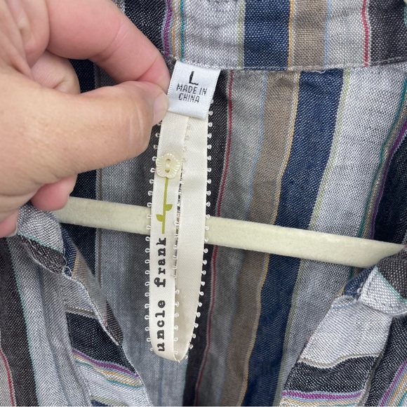 Uncle Frank striped tunic with tied sleeves gray blue brown Sz L - Picture 2 of 7